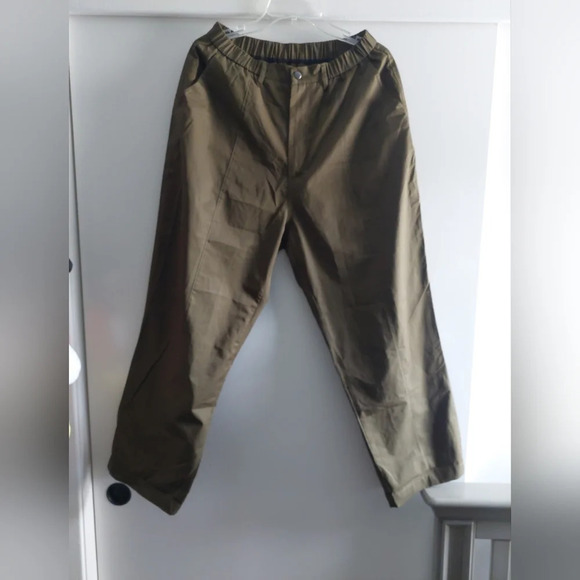 High Rise Elastic Waistband Dark Green pants Lightweight packable Ankle crop L - Picture 1 of 6